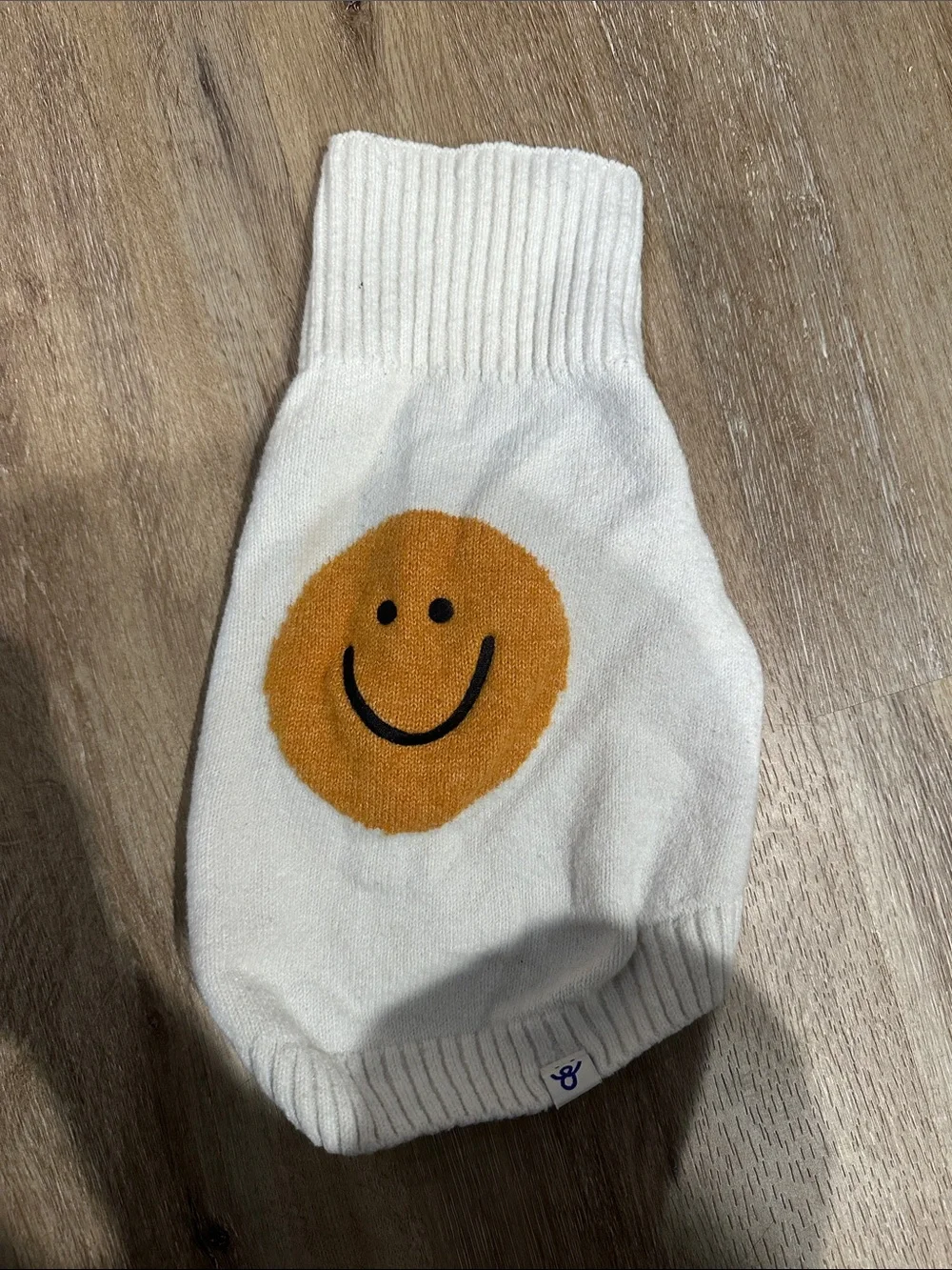 White Knit Sleeve with Yellow Smiley Face dog sweater small